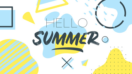 Memphis style summer banner template with text. Vector illustration. Geometric and abstract liquid shapes. Hello summer text. Horizontal composition.のイラスト素材