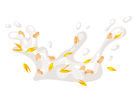 Vegetarian milk splash with oat seeds. Vector illustration isolated on white background. Vegan organic healthy beverage.のイラスト素材