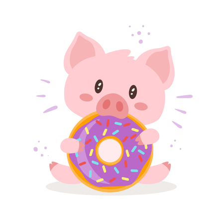 Vector cartoon style illustration of cute pink pig sitting and eating tasty doughnut. Isolated on white background.のイラスト素材