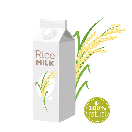Vegetarian paper pack of rice milk with glass and brunch of cereal. Vector illustration isolated on white background. Green label.のイラスト素材