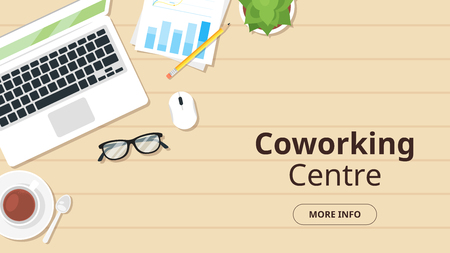 Business workplace. Overhead top view. Vector illustration. Office stationery and various things around.のイラスト素材