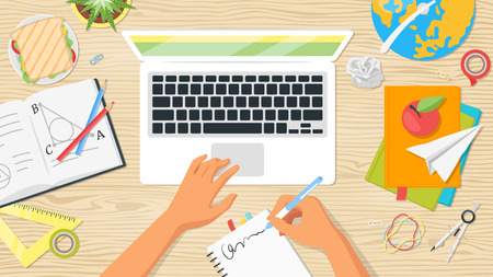 School workplace. Overhead desk top view. Vector illustration. Kids hands. Stationery and various education and studying things around. Back to school concept. Wooden background.のイラスト素材