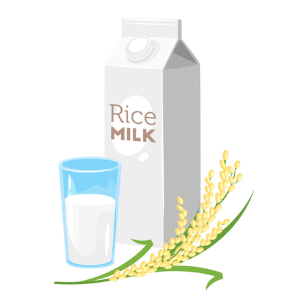 Vegetarian paper pack of rice milk with glass and brunch of cereal. Vector illustration isolated on white background.のイラスト素材