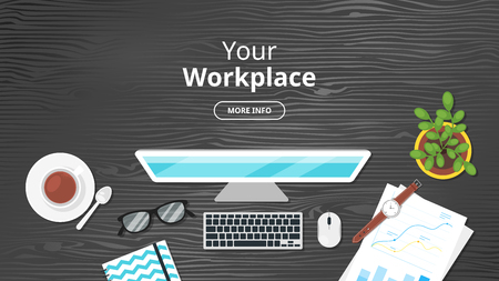 Business workplace. Overhead top view. Vector illustration. Office stationery and various things around. Black wood background.のイラスト素材