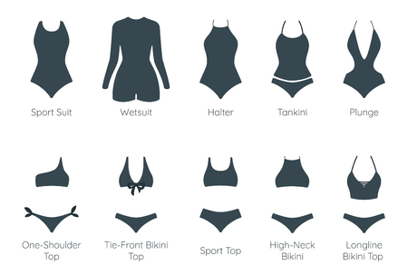 Set of female glamour swimsuit icons. Different types of beachwear silhouettes isolated on whiteのイラスト素材