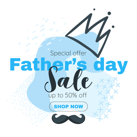 Father day banner sale template with Memphis elements, crown and mustache. Vector illustration.のイラスト素材