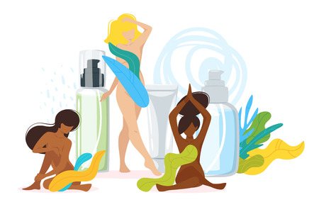Composition with  beautiful multinational women, cosmetic care products in bottles and green leaves decorations.のイラスト素材