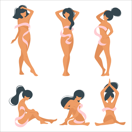 Set of naked beautiful Caucasian women faceless silhouettes with ribbons.のイラスト素材