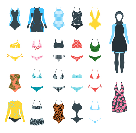 Collection of female colorful swimsuit icons. Different types of beachwear silhouettes isolated on whiteのイラスト素材