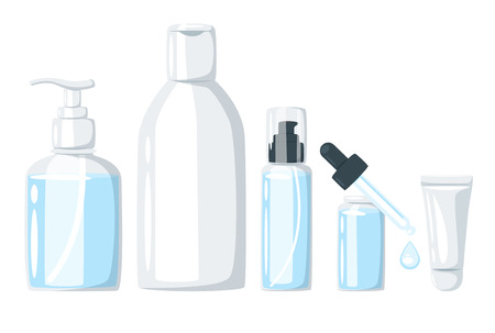 Cartoon set of organic natural cosmetic products in bottles.のイラスト素材