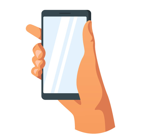 Hand holding smartphone isolated on white background. Vector illustration.のイラスト素材