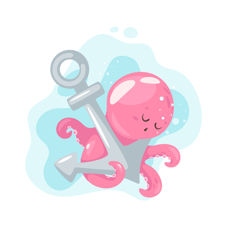 Octopus cartoon style baby character sleeping on the ship anchor.のイラスト素材