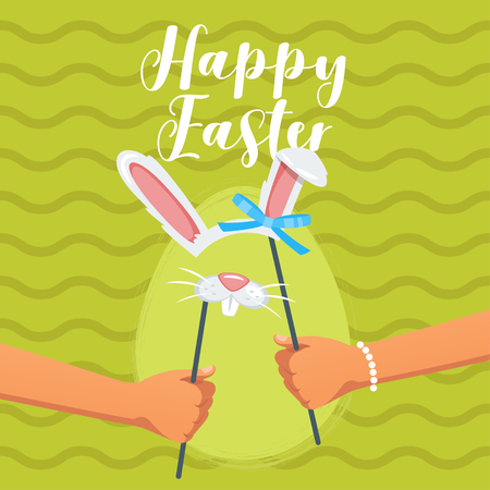 Easter greeting card or design with bunny ears photo prop. Vector illustration with green background.のイラスト素材