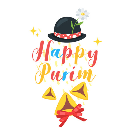 Happy Purim celebration layout template for card with funny hat and traditional Hamantashen.のイラスト素材