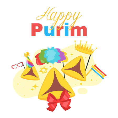 Happy Purim celebration layout template for card with traditional Hamantashen decorated with photo booth and bow.のイラスト素材