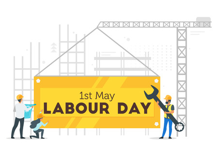 Labour day design template with workers silhouettes at a construction site.のイラスト素材