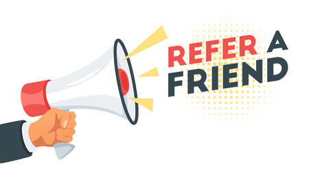 Refer a friend marketing design with  hand holding loudspeaker.のイラスト素材