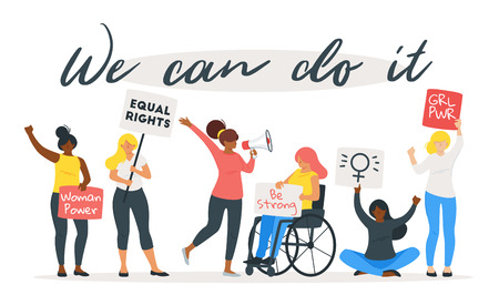 Women are taking part in parade for their rights, holding banners and protesting.のイラスト素材