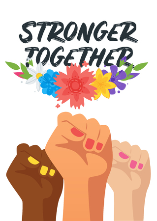 Woman's day greeting card or poster design template with multiracial woman fists.のイラスト素材