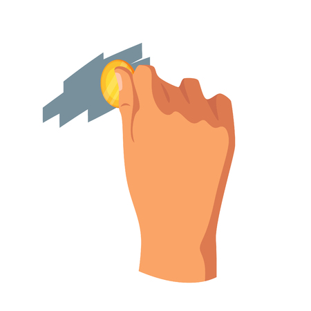 Hand scratching card with coin vector illustration. Lottery ticket. Prize, jackpot winner. Businessman fingers holding money. Banking, accounting, finance. Profit, income, investment のイラスト素材