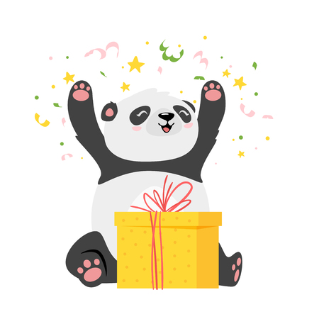 Cute panda bear opening birthday present flatのイラスト素材