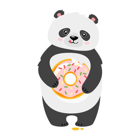 Cute panda eating donut flatのイラスト素材