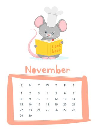 November calendar flat vector template. Children planner for autumn 2020. Basic grid colorful design with mascot. Organizer with text and numbers on white backdrop. Cute mouse cooking illustrationのイラスト素材