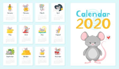 Annual calendar vector illustrations set. Children planner for 2020 year. Basic grid colorful design with cute mascot, adorable mouse. Organizer template with text and numbers on white backgroundのイラスト素材