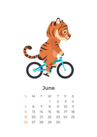 cartoon tiger June 2022 A4 format calendar template.のイラスト素材