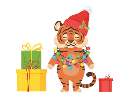 Vector New Year or Christmas cute tigerのイラスト素材