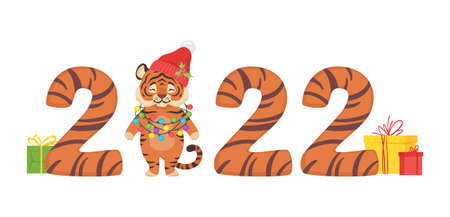2022 New Year banner with figures and tigerのイラスト素材