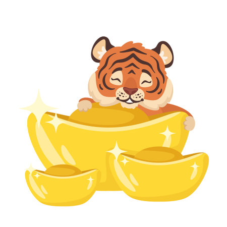cute tiger with golden traditional Chinese coinsのイラスト素材