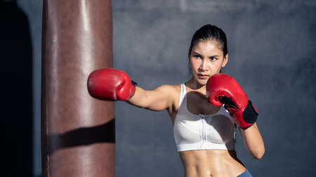 Asian beautiful sport boxer wear boxing glove practice punch in gym. Attractive active athlete fighter workout exercise hitting and punching sandbag to maintain muscle for health in fitness stadium.の写真素材