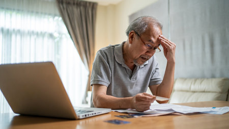 Depressed Asian Senior Elderly male feel worry about financial problem. Stressed desperate older man looking frustrated to paperwork and bills think of money debt, budget loss, bankruptcy at home.の写真素材