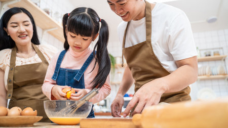 Asian happy family stay home in kitchen bake bakery and food with kid. Little preschool kid learning...