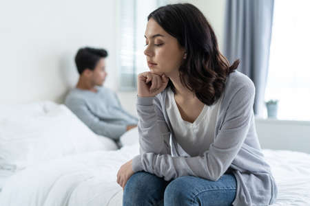 Asian young girl feel angry boyfriend having conflict domestic problem. New marriage man and woman...