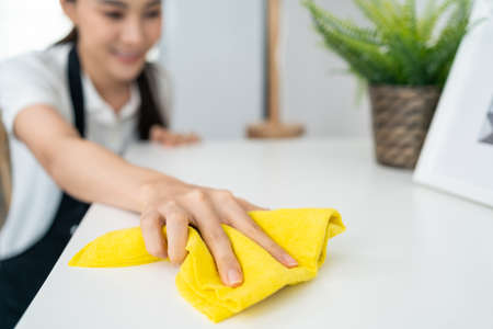 Asian cleaning service woman worker cleaning in living room at home. Beautiful girl housewife...
