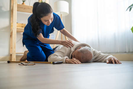 Asian caregiver helping senior male from falling on the ground at home. Elderly older patient having an accident after doing physical therapy then rescued by attractive therapist nurse in living room.の写真素材