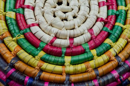 Colorful plaited Mexican straw basket detail