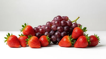 A vibrant still life of a bunch of red grapes surrounded by several bright red strawberries, all resting on a clean white surface.の素材