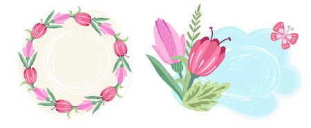 Decorative frame with tulips and a butterfly in a doodle styleのイラスト素材