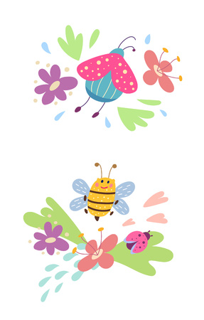 Summer composition with flowers, bees and ladybirds in doodle style. Vector graphics. Can be used as a print for children's clothing.のイラスト素材