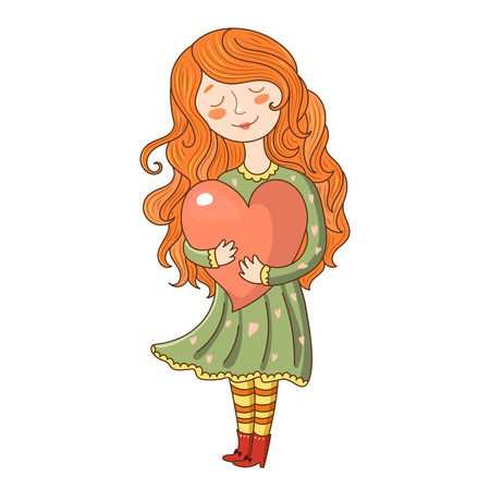 Red-haired girl with a heart in her handsのイラスト素材
