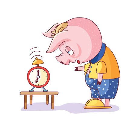 Cartoon cute pig. sleepy pig turns off the alarm. Vector illustration isolated on white background.のイラスト素材