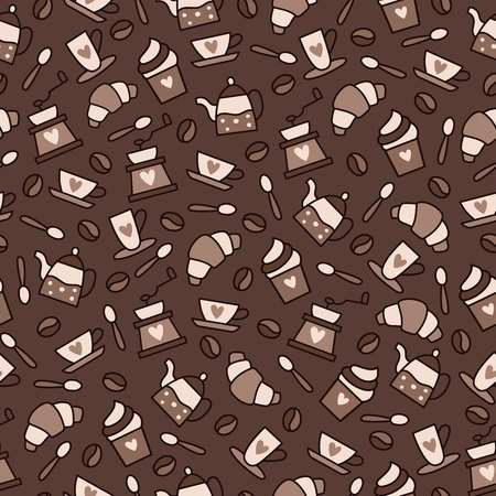 Coffee seamless pattern on a brown background. Vector illustrationのイラスト素材