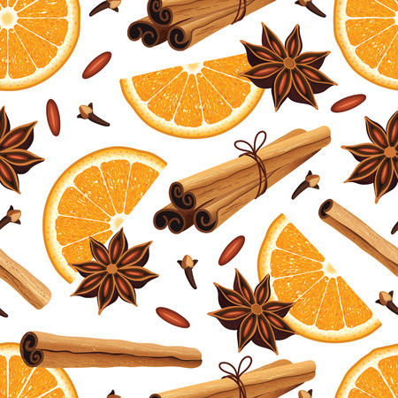Seamless pattern with anise stars, oranges, cinnamon sticks. Set for mulled wine. Christmas background.のイラスト素材