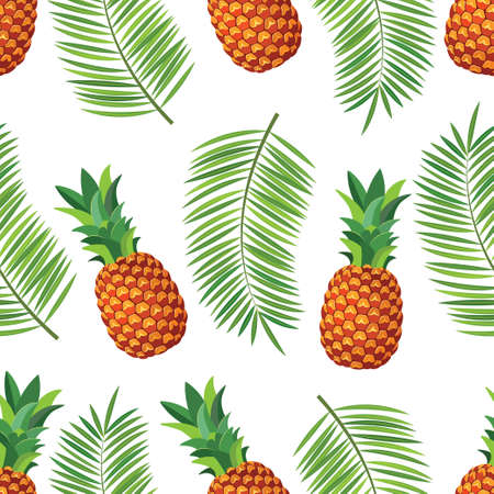 Vector seamless pattern with with whole pineapple and leaves of the palm trees isolated on white...