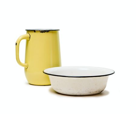 Pitcher and bowl isolated on whiteの写真素材