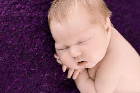 Sleeping newborn baby girl on the background of purple carpetの写真素材