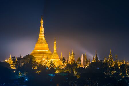Beautiful Shwedagon pagoda in the night, Yangon, Myanmar, Asiaの写真素材